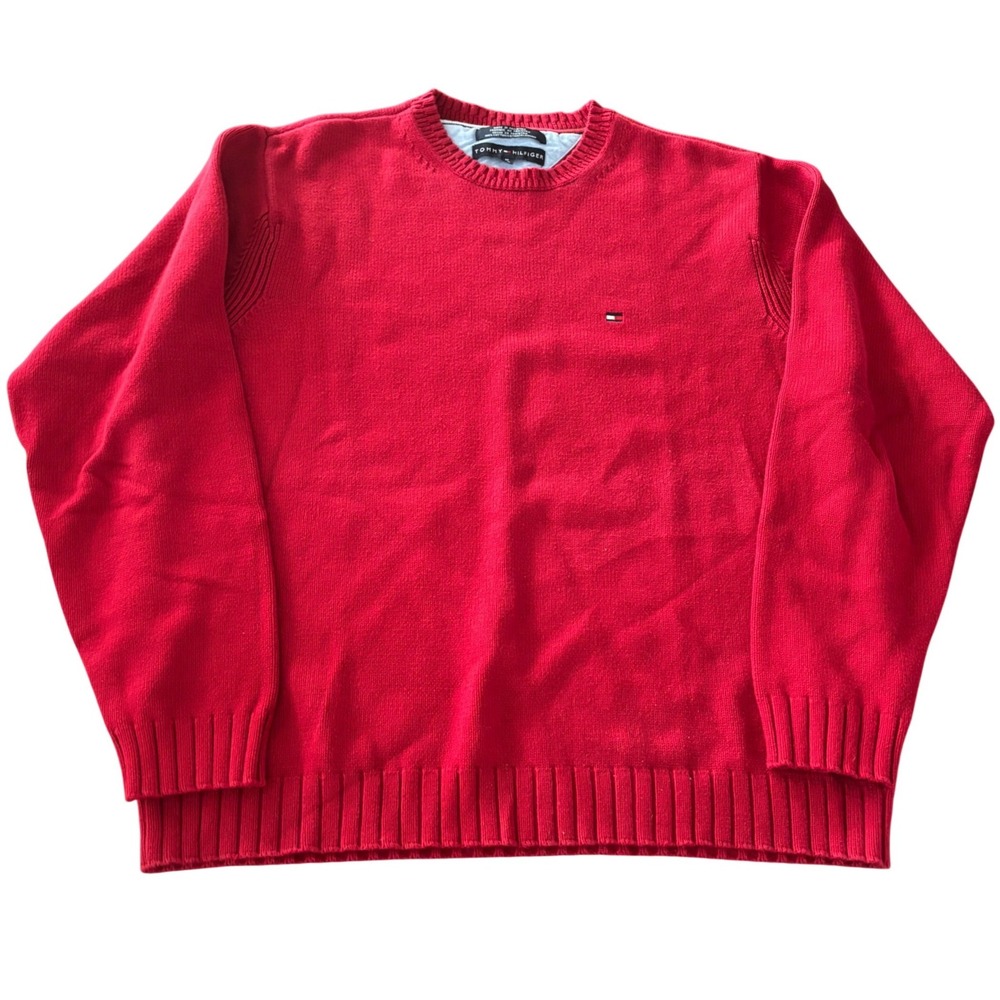 Tommy Hilfiger | Mens Size M | Red Cotton Crewneck Sweater Jumper | Logo Knit